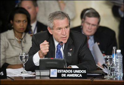 President George W. Bush emphasizes a point as he speaks Saturday, November 5, 2005, during the 2005 Summit of the Americas in Mar del Plata, Argentina.