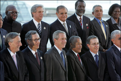President George W. Bush is joined by fellow leaders of the Americas as they pose for their 2005 class photo Friday, Nov. 4, 2005, during the opening ceremonies in Mar del Plata, Argentina, of the 2005 Summit of the Americas.