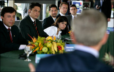 Young Brazilian leaders listen to President George W. Bush during a roundtable discussion, Sunday, Nov. 6, 2005 in Brasilia, Brazil. 