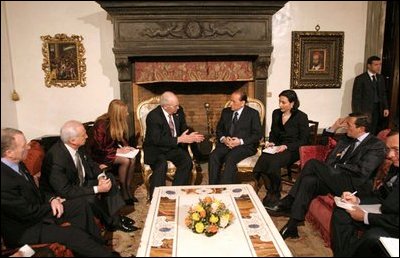 Vice President Dick Cheney talks with Italian Prime Minister Silvio Berlusconi during a bilateral meeting in Rome Jan. 26, 2004. “We have many difficult challenges to face as democracies, but we in the United States are deeply grateful for the enormous contribution that Italy and Prime Minister Berlusconi have made to our mutual efforts,” Vice President Cheney said before the meeting. “We appreciate the contribution of the Italian armed forces and Carabinieri and especially respect the sacrifice that occurred at Nasiriyah in November.”