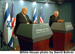 Israel's Prime Minister Ariel Sharon and Vice President Dick Cheney discuss a vision of peace for Israel and Palestine as they conduct a press briefing in Jerusalem, Israel, March 19. "It is our hope that the current violence and terrorism will be replaced by reconciliation and the rebuilding of mutual trust," said the Vice President. White House photo by David Bohrer