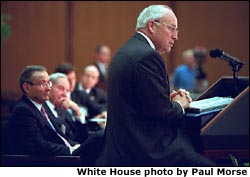 Vice President Dick Cheney addresses the 32nd Annual Council of The Americas Conference at the State Department May 6, 2002. "The nations of this hemisphere have the power and, therefore, the duty to make the coming years an era of steady progress, peaceful change and rising prosperity throughout the Americas. The Council of the Americas has been crucial to bringing us to this moment, and I know that we can count on your wisdom and your commitment in completing the great work that lies ahead," said the Vice President.