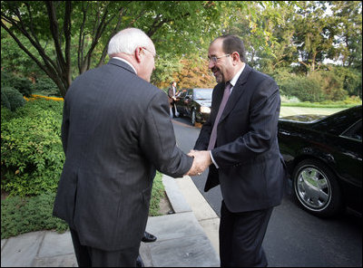 Vice President Dick Cheney welcomes Prime Minister of Iraq Nouri al-Maliki to the Vice President’s residence at the U.S. Naval Observatory in Washington, D.C. for a dinner, Wednesday, July 26, 2006. Earlier in the day Prime Minister Maliki addressed a Joint Meeting of Congress and accompanied President George W. Bush in meeting with U.S. military personnel at Fort Belvoir, Va.