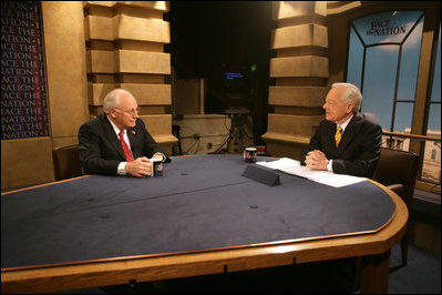 Vice President Dick Cheney talks with Bob Schieffer during an interview on CBS's Face the Nation at CBS studios in Washington, Sunday, March 19, 2006.