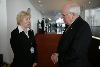 Vice President Dick Cheney meets with Inna Kuley, wife of recently jailed Belarusian democracy advocate Alyaksandr Milinkevich, at the Vilnius Conference 2006 in Vilnius, Lithuania, Thursday, May 4, 2006. Earlier in the day the Vice President delivered the conference's keynote speech and called for the release of Milinkevich and other activists who were jailed after pledging to use civil disobedience to bring about the removal of Belarusian President Alyaksandr Lukashenka.