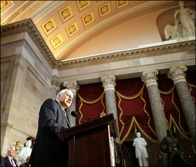 Vice President Dick Cheney delivers remarks after receiving the 2006 Distinguished Service Award during a ceremony held in Statuary Hall at the U.S. Capitol in Washington, Wednesday, May 10, 2006. The Distinguished Service Award is presented to former members of the House of Representatives who have served the country with extraordinary distinction and selfless dedication. 