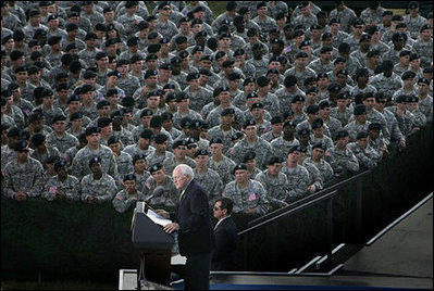 Vice President Dick Cheney delivers remarks at a rally for the troops at Fort Hood, Texas, Wednesday, October 4, 2006. "Each time I visit a military base I come away with renewed confidence in the men and women who wear the uniform of the United States," the Vice President said. "Each one of you has dedicated yourself to serving our country and its ideals, and you are meeting that commitment during a very challenging time in American history."