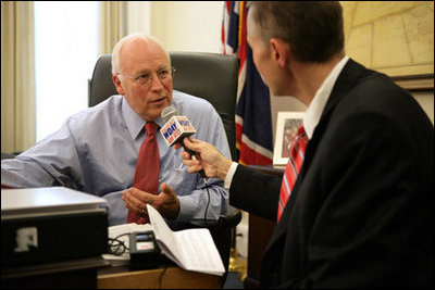 Vice President Dick Cheney is interviewed by Scott Hennen, host of the Hot Talk radio program on WDAY AM 970 in Fargo, N.D., during the White House Radio Day, Tuesday, October 24, 2006.