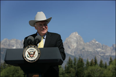 Vice President Dick Cheney delivers remarks Saturday, Aug. 11, 2007, during a dedication ceremony for the Craig Thomas Discovery and Visitor Center in Grand Teton National Park in Moose, Wyo. The center, named after the late Republican Sen. Craig Thomas who died June 4 while being treated for leukemia, features an interpretive center, art gallery and 30-foot windows that offers views of the Teton Range.