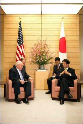 Vice President Dick Cheney meets with Prime Minister Shinzo Abe of Japan, Wednesday, Feb. 21, 2007, at the Kantei, the official residence of the Prime Minister, in Tokyo.