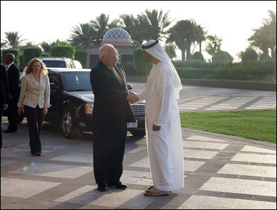 Vice President Dick Cheney is greeted by Crown Prince Sheikh Mohammad bin Zayed of Abu Dhabi Friday, May 11, 2007, prior to their meeting at the Emirates Palace Hotel in Abu Dhabi, United Arab Emirates.