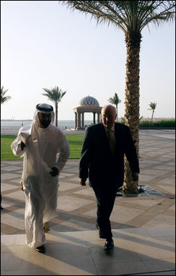 Vice President Dick Cheney and Crown Prince Sheikh Mohammad bin Zayed of Abu Dhabi, walk together to their meeting Friday May 11, 2007, at the Emirates Palace Hotel in Abu Dhabi, United Arab Emirates.