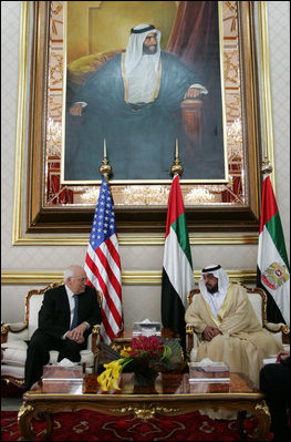 Vice President Dick Cheney meets with President Khalifa bin Zayid al-Nuhayyan of the United Arab Emirates, Saturday, May 12, 2007, at Al-Bateen Palace in Abu Dhabi, United Arab Emirates. Behind them is a portrait of the President's late father, Sheikh Zayed bin Sultan Al Nahyan.