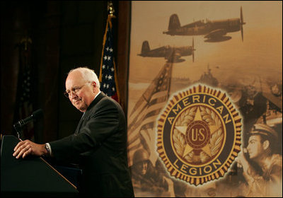 Vice President Dick Cheney delivers remarks to the Indiana American Legion Thursday, Nov. 1, 2007 at the Indiana War Memorial in Indianapolis. "In every generation, citizens of Indiana have stepped forward to serve America in times of peace and times of war," said the Vice President, who later added, "The United States is decent, honorable and generous - and so are the people who wear its uniform...Every day they confront the violent, protect the weak, heal the sick, and bring hope to the oppressed."