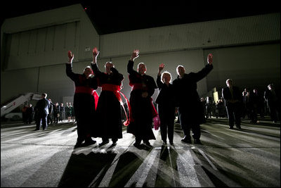 Vice President Dick Cheney and Mrs. Lynne Cheney join Catholic clergy as they wave goodbye to Pope Benedict XVI Sunday, April 20, 2008, at New York's JFK Airport.