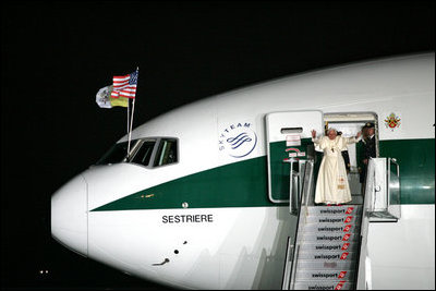 Pope Benedict XVI waves goodbye as he departs Sunday, April 20, 2008 from John F. Kennedy International Airport in New York, concluding a six-day visit to the U.S. that included a meeting with President George W. Bush, meetings with the Catholic faithful, interfaith dialogues and the celebration of Mass with over 57,000 people at Yankee Stadium in New York.