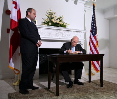 Vice President Dick Cheney signs his condolences for the victims of the recent conflict in Georgia during a visit to the Embassy of Georgia Monday, Aug. 18, 2008 in Washington, D.C.