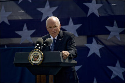 Vice President Dick Cheney speaks to a crowd of over three thousand during the commemoration of 145th anniversary of the Battle of Chickamauga at McLemore's Cove, Georgia. The 1863 battle claimed more than 30,000 lives between the Union and Confederate armies. Cheney's great-grandfather Samuel Fletcher Cheney fought in the 1863 Civil War battle as part of the 21st Ohio Volunteer Infantry.