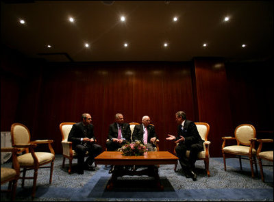 Albanian Prime Minister Sali Berisha, right, speaks to Vice President Dick Cheney, center right, Croatian Prime Minister Ivo Sanader, center left, and Macedonian Prime MInister Vlado Buckovski, left, during a multilateral meeting of the Adriatic Charter countries, Sunday, May 7, 2006 in Dubrovnik, Croatia.