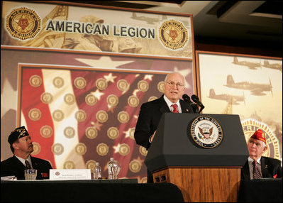 Vice President Dick Cheney delivers remarks to members of the American Legion, a community-service organization made up of nearly three million wartime veterans, at the 46th Annual American Legion Washington Conference, Tuesday, February 28, 2006. During his speech the vice president addressed the administration's goal of enhancing quality healthcare and service to veterans.