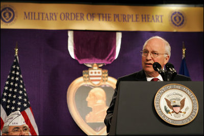 Vice President Dick Cheney addresses the 73rd National Convention of the Military Order of the Purple Heart, August 8, 2005. The Military Order of the Purple Heart, formed in 1932, is the only veterans service organization comprised strictly of Purple Heart recipients and works for the protection and mutual interest of all who have received the decoration.