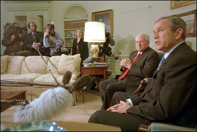 After a late afternoon arrival March 20, Vice President Dick Cheney meets with President George W. Bush and discusses his trip to the Middle East with the media in the Oval Office March 21.