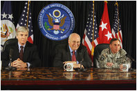 Vice President Dick Cheney is joined by U.S. Ambassador to Iraq Ryan Crocker, left, and General David Petraeus, Commander of U.S. forces in Iraq, right, for a press conference Wednesday, May 9, 2007, at the U.S. Embassy in Baghdad. In speaking about the day's meetings with Iraqi officials, the Vice President said, "I emphasized the importance of making progress on the issues before us, not only on the security issues but also on the political issues that are pending before the Iraqi government. I was impressed with the commitment on the part of the Iraqis to succeed on these tasks, to work together to solve these issues."