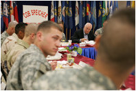 Vice President Dick Cheney has breakfast with U.S. troops Thursday, May 10, 2007, at Contingency Operating Base Speicher near Tikrit, Iraq. Following his overnight stay, the Vice President became the highest ranking administration official to spend the night in Iraq.