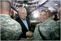Vice President Dick Cheney greets troops of the 25th Infantry Division and Task Force Lightning Thursday, May 10, 2007 during a rally at Contingency Operating Base Speicher, Iraq.