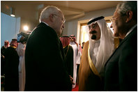 Vice President Dick Cheney is welcomed by King Abdullah bin Abdul Al-Aziz of Saudi Arabia, Saturday, May 12, 2007, for a meeting and dinner at Fahd ibn Sultan Palace in Tabuk, Saudi Arabia.
