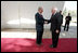 Vice President Dick Cheney is greeted by Israeli President Shimon Peres Sunday, March 23, 2008 for a meeting at the presidential residence in Jerusalem.