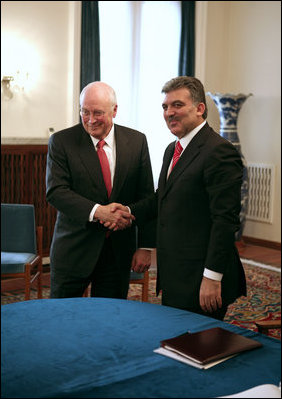 Vice President Dick Cheney shakes hands with President Gul of Turkey Monday, March 24, 2008 during their meeting at the presidential residence in Ankara, Turkey.