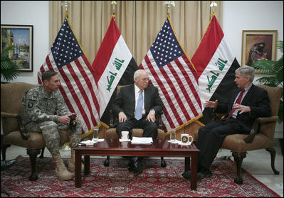 Vice President Dick Cheney participates in a classified briefing with U.S. Ambassador to Iraq Ryan Crocker, left, and Commanding General of Multi-National Forces Iraq General David Petraeus, right, in the Green Zone in Baghdad. Later in the day the Vice President ventured outside the Green Zone to meet with Iraqi leadership to discuss energy legislation, long-term security issues and the development of Iraqi diplomatic relationships with neighboring countries.