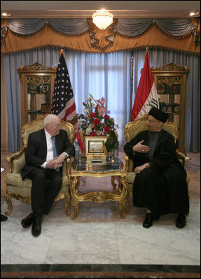 Vice President Dick Cheney meets with the Chairman of the Supreme Council for the Islamic Revolution in Iraq Sayyed Abdul-Aziz al-Hakim Monday, March 17, 2008 at the Hakim residence in Baghdad. During a statement following their meeting the Vice President said, "There is still a lot of difficult work that must be done, but as we move forward, the Iraqi people should know that they will have the unwavering support of President Bush and the United States in consolidating their democracy."