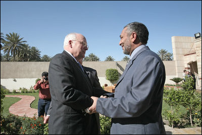 Vice President Dick Cheney meets with Iraqi Council of Representatives Speaker Mashhadani Monday, March 17, 2008, during a visit to Mashhadani's home in Baghdad. During his visit to Baghdad the Vice President met with Iraqi leadership to discuss energy legislation, long-term security issues and the development of regional diplomatic relationships.