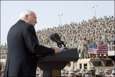 Vice President Dick Cheney delivers remarks Tuesday, March 18, 2008 to U.S. troops during a rally at Balad Air Base, Iraq. "During this deployment, ladies and gentlemen, you've seen incredible progress on the ground in Iraq -- not just as witnesses, but as participants," said the Vice President, adding, "The President and I, and your fellow citizens, want nothing more than have you and all of your comrades return home safely at the end of this tour of duty. We're going to do everything we can to make that happen."
