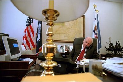 Vice President Dick Cheney discusses environmental issues with British Deputy Prime Minister John Prescott Feb. 14, 2002.