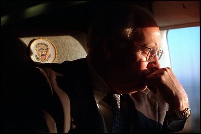 Vice President Dick Cheney looks out the window of Marine Two, the Vice President's helicopter, as he returns to the White House from an undisclosed location Sept. 12, 2001. 