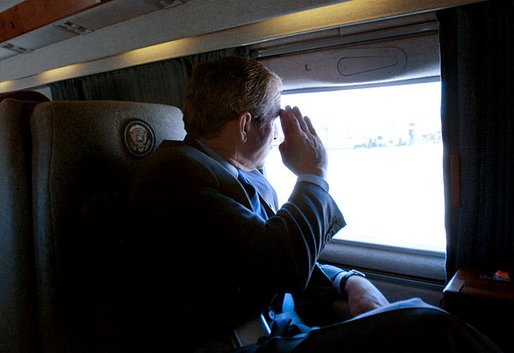 President George W. Bush salutes as he departs Fort Hood after addressing and meeting one-on-one with army troops in Killeen, Texas, Friday, Jan. 3, 2003. White House photo by Eric Draper.