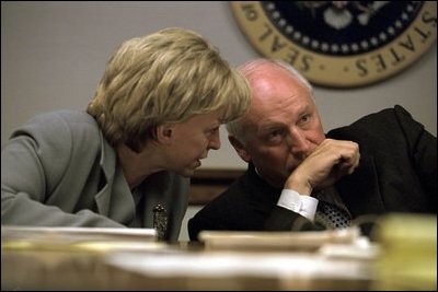 Vice President Cheney talks with his wife, Lynne Cheney, in the Presidential Emergency Operations Center in the early afternoon after the terrorist attacks Sept. 11, 2001.