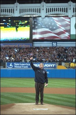 President Bush opens third game of the World Series, New York City, Oct. 30, 2001. 