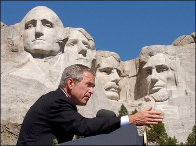 During a speech at Mount Rushmore in South Dakota on August 15, 2002, President Bush reiterates his call on Congress to pass legislation establishing the Department of Homeland Security.