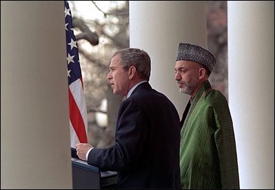 President Bush and President Hamid Karzai of Afghanistan address the media, Jan. 28, 2002. 