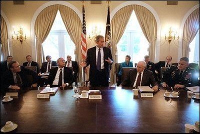 Meeting with his National Security Council in the Cabinet Room on Sept. 12, 2001, President Bush outlines the new course of his administration. 