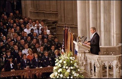During the newly proclaimed National Day of Prayer and Remembrance, President Bush addresses the congregation at the National Cathedral in Washington, D.C. Sept. 13. 