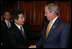 President George W. Bush welcomes President Roh Moo-hyun of the Republic of Korea, to a meeting Friday, Sept. 7, 2007, at the InterContinental hotel in Sydney. President Bush told his counterpart, "...When we have worked together, we have shown that it's possible to achieve the peace on the Korean Peninsula that the people long for. So thank you, sir."