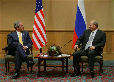 President George W. Bush and President Vladimir Putin of Russia, meet Friday, Sept. 7. 2007, in Sydney prior to the opening of the Asian Pacific Economic Cooperation summit. Said President Bush of their visit, "We are results-oriented people. We want to help solve problems. And we recognize that we can do better solving problems when we work together."