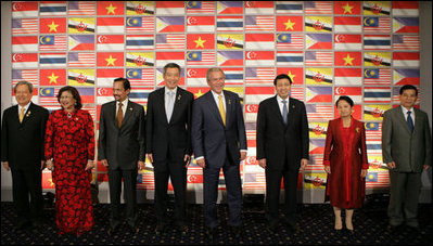 President George W. Bush joins leaders of the Association of Southeast Asian Nations for a photo opportunity Friday, Sept. 7, 2007, in Sydney. From left are: Prime Minister Surayud Chulanont of Thailand; Minister Rafidah Aziz of Malaysia; Sultan Haji Hassanal Bolkiah of Brunei; President Bush; Foreign Affairs Minister Noer Hassan Wirajuda of Indonesia; President Gloria Macapagal-Arroyo of the Philippines, and President Nguyen Minh Triet of Vietnam.