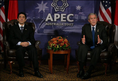 President George W. Bush makes remarks during a meeting Saturday, Sept. 8, 2007, with Japan’s Prime Minister Shinzo Abe at the InterContinental hotel in Sydney. Said the President, "Mostly, I want to thank the Prime Minister, his government and the Japanese people for their contribution in the war against terror. The role that Japan plays in this fight is a vital role, and it’s a necessary role."