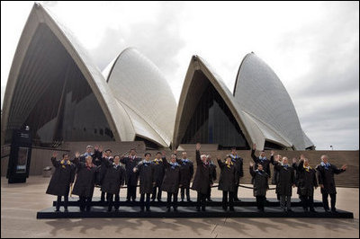 President George W. Bush joins fellow APEC leaders for the official portrait Saturday, Sept. 8, 2007, in front of the Sydney Opera House. 